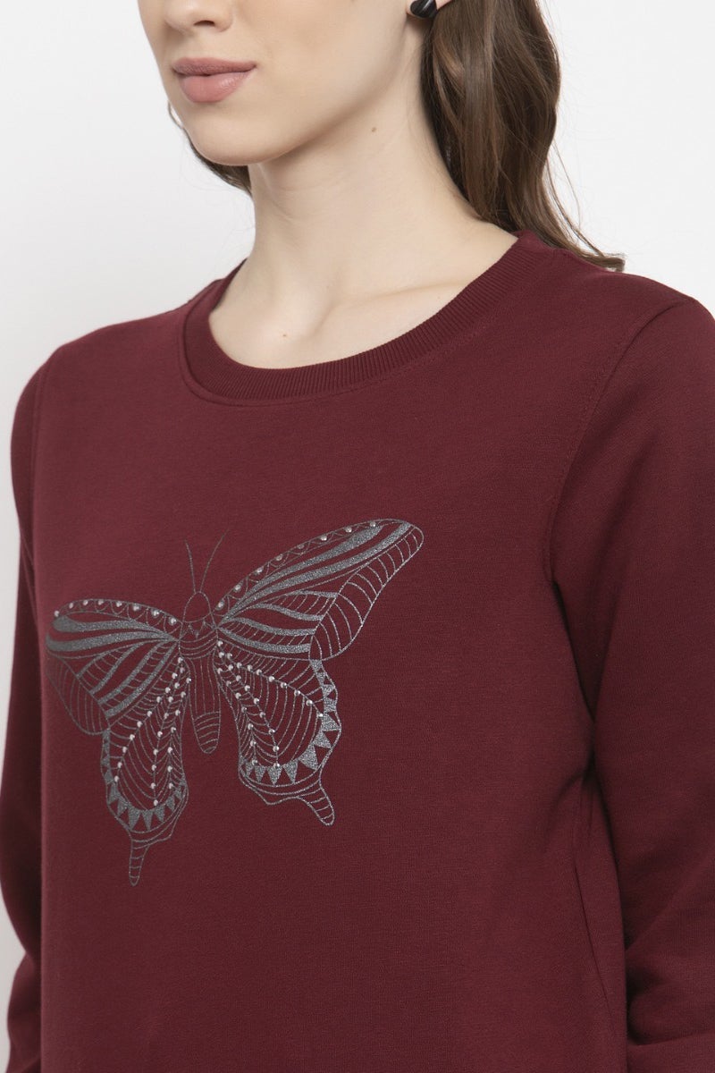 Gipsy Burgandy Solid Poly Cotton Sweatshirt