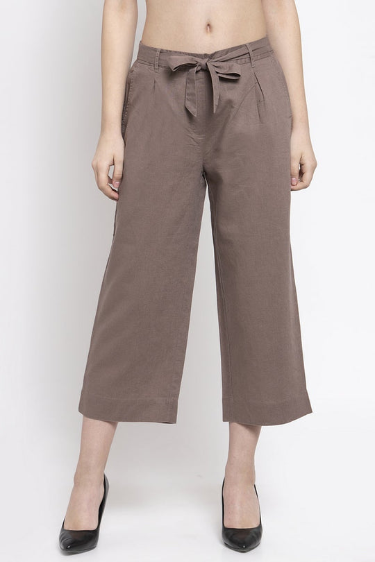 Khaki Ankle Length Solid Cotton Culottes