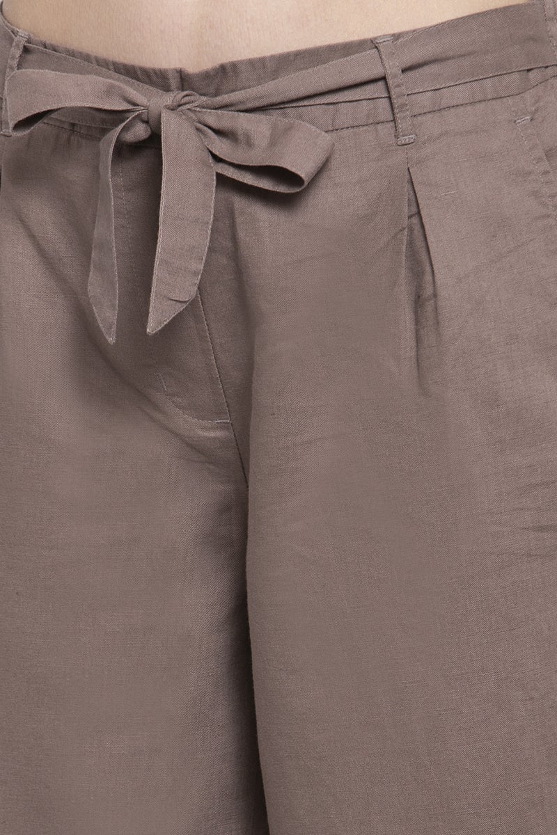 Khaki Ankle Length Solid Cotton Culottes