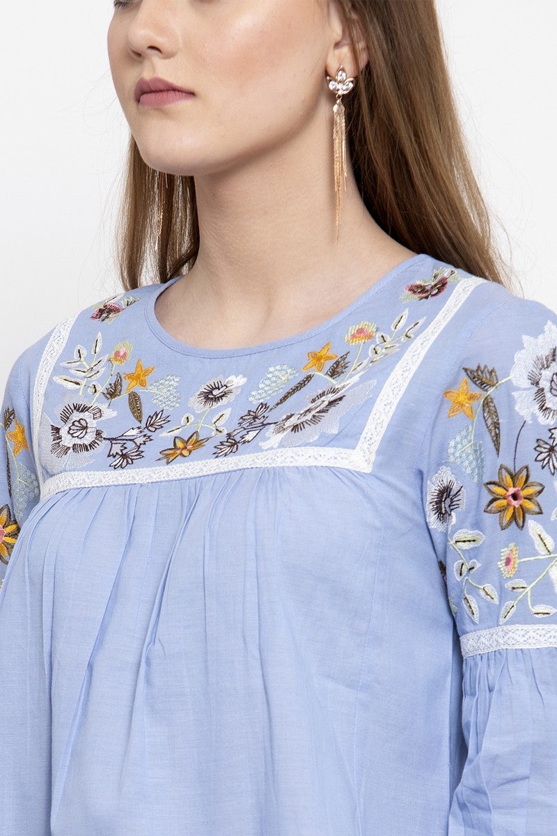 Gipsy Women Round Neck 3 By 4 Sleeves Blue Top