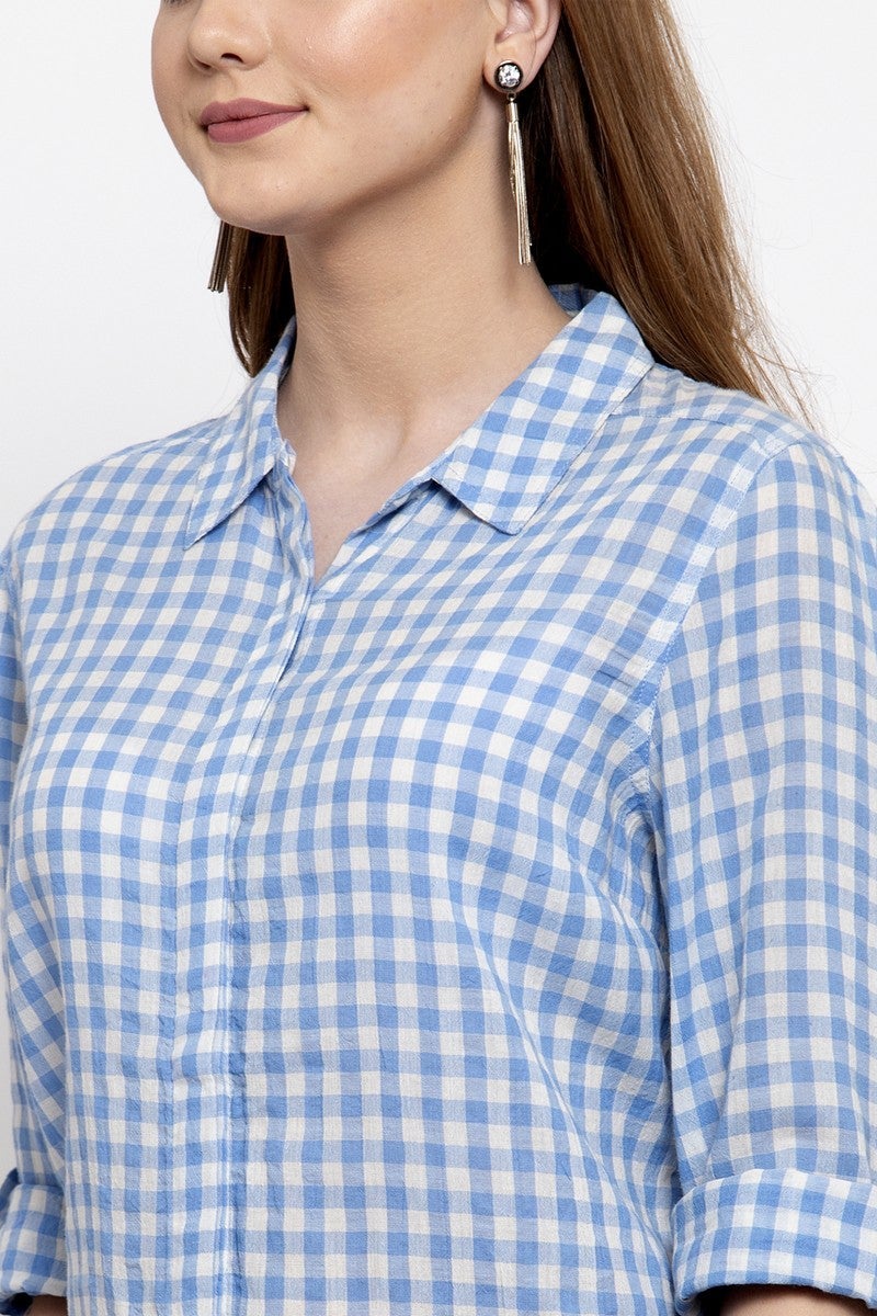Gipsy Women Button Closure Roll Up Sleeves Blue Shirt