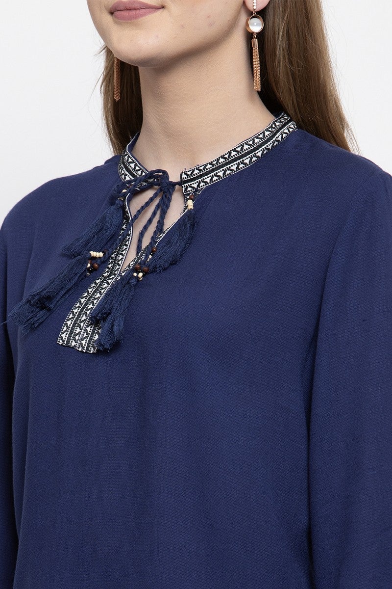 Gipsy Women Tie Up Collar 3 By 4 Sleeves Navy Tunic
