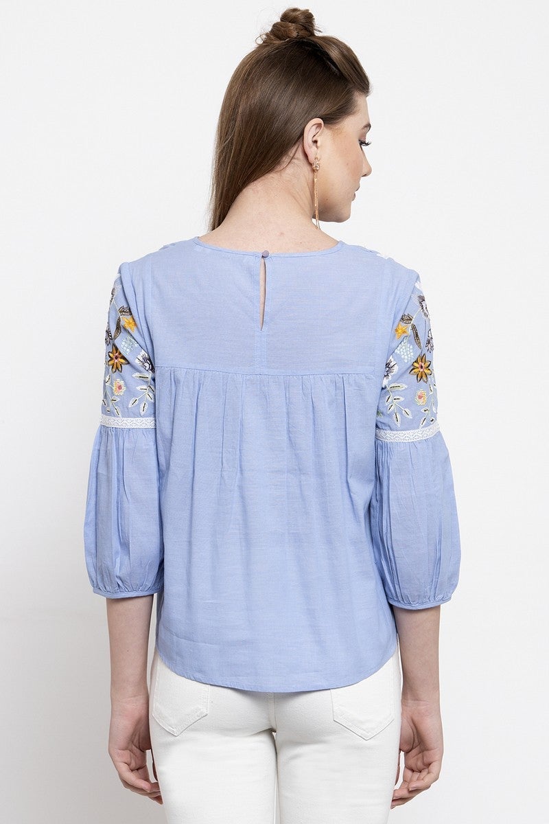 Gipsy Women Round Neck 3 By 4 Sleeves Blue Top