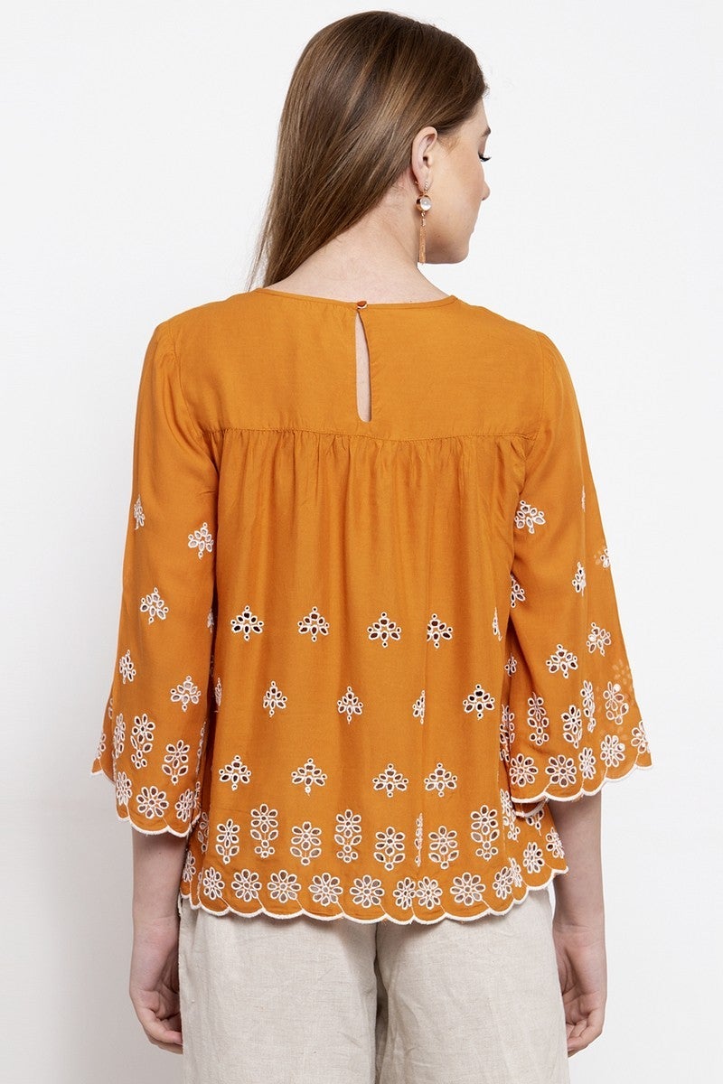 Gipsy Women Boat Neck 3 By 4 Sleeves Caramel Tunic