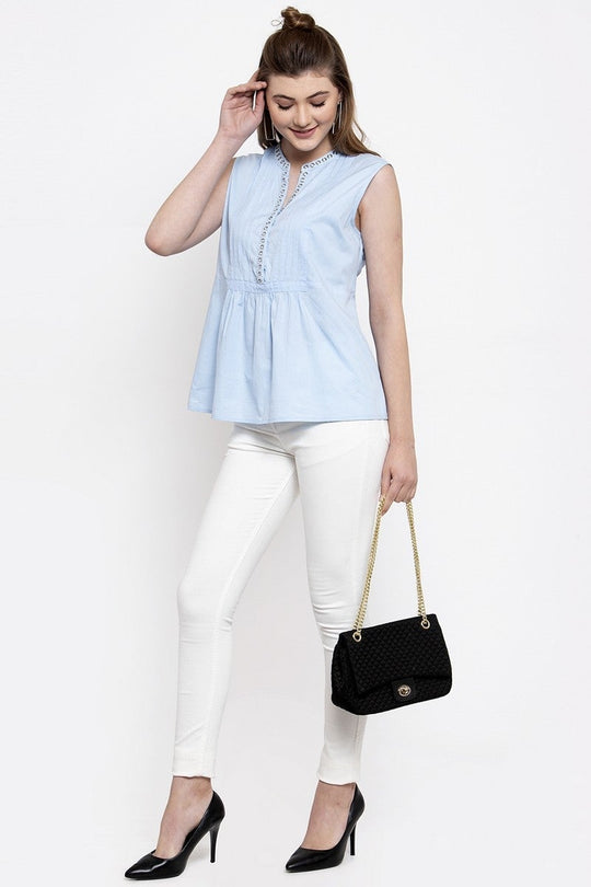 Gipsy Women V Neck Sleeveless Blue Top