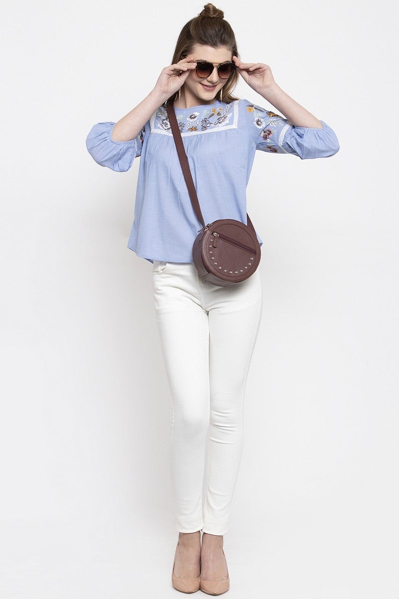Gipsy Women Round Neck 3 By 4 Sleeves Blue Top