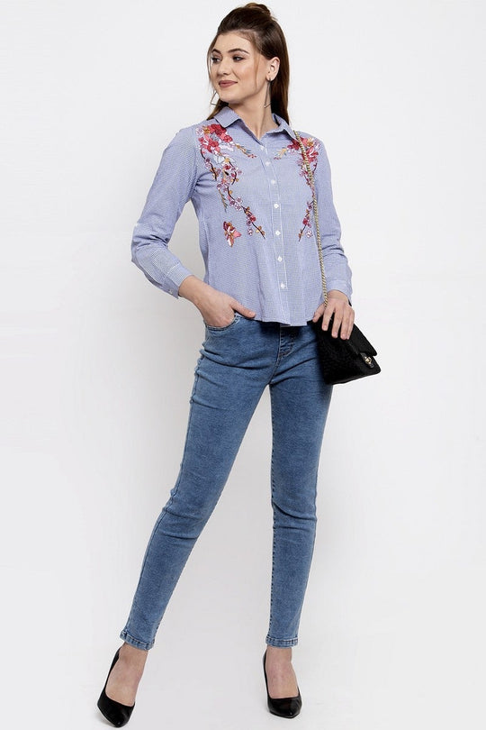 Gipsy Women Button Closure Full Sleeves Blue Shirt