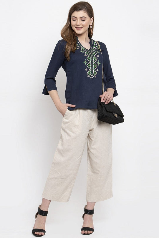 Gipsy Women V Neck 3 By 4 Sleeves Navy Tunic