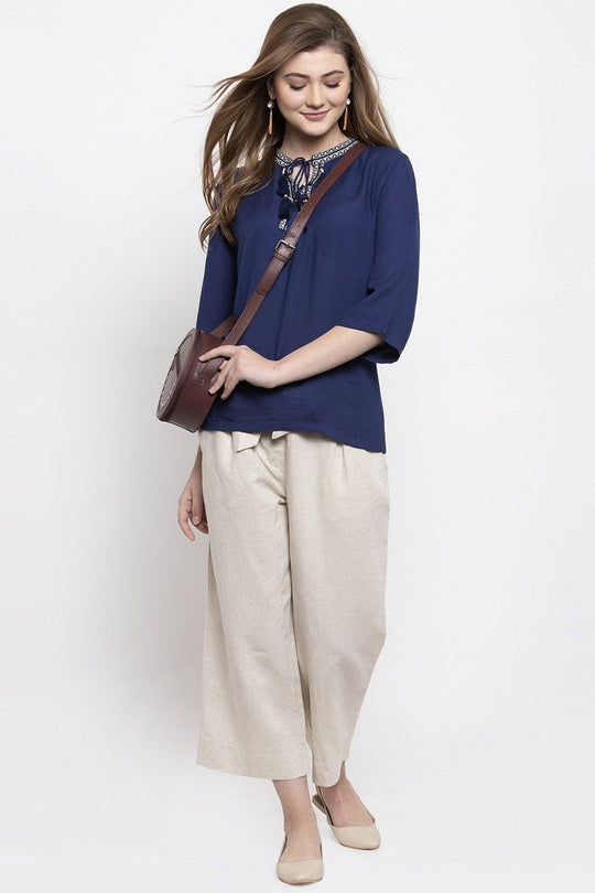 Gipsy Women Tie Up Collar 3 By 4 Sleeves Navy Tunic