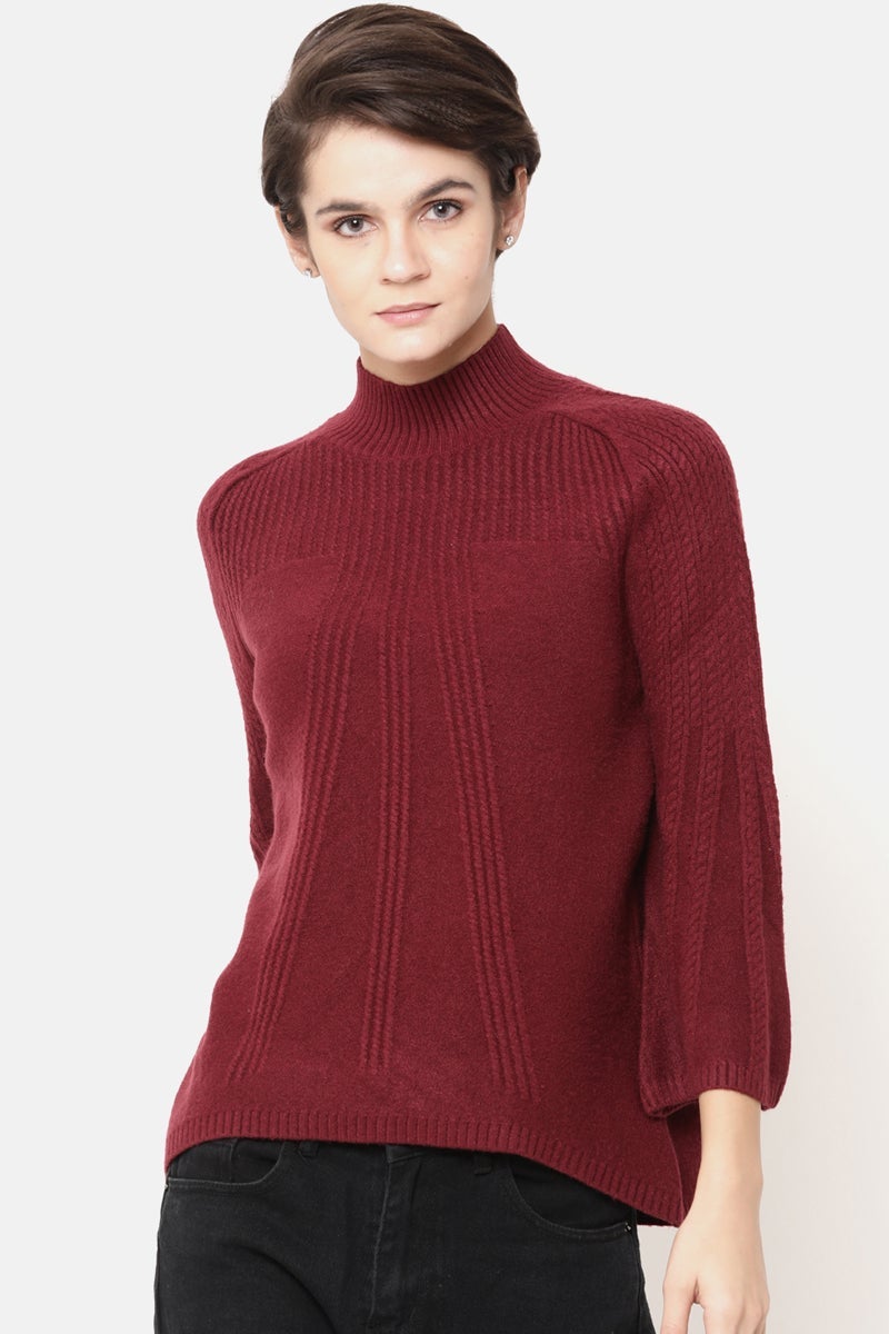 Gipsy Women Solid Full Sleeve Wine Sweater