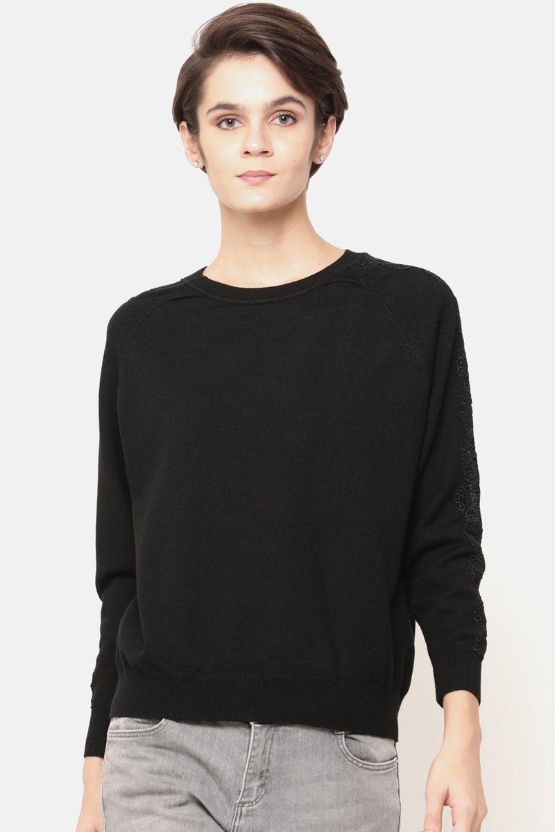 Gipsy Women Solid Full Sleeve Black Sweater