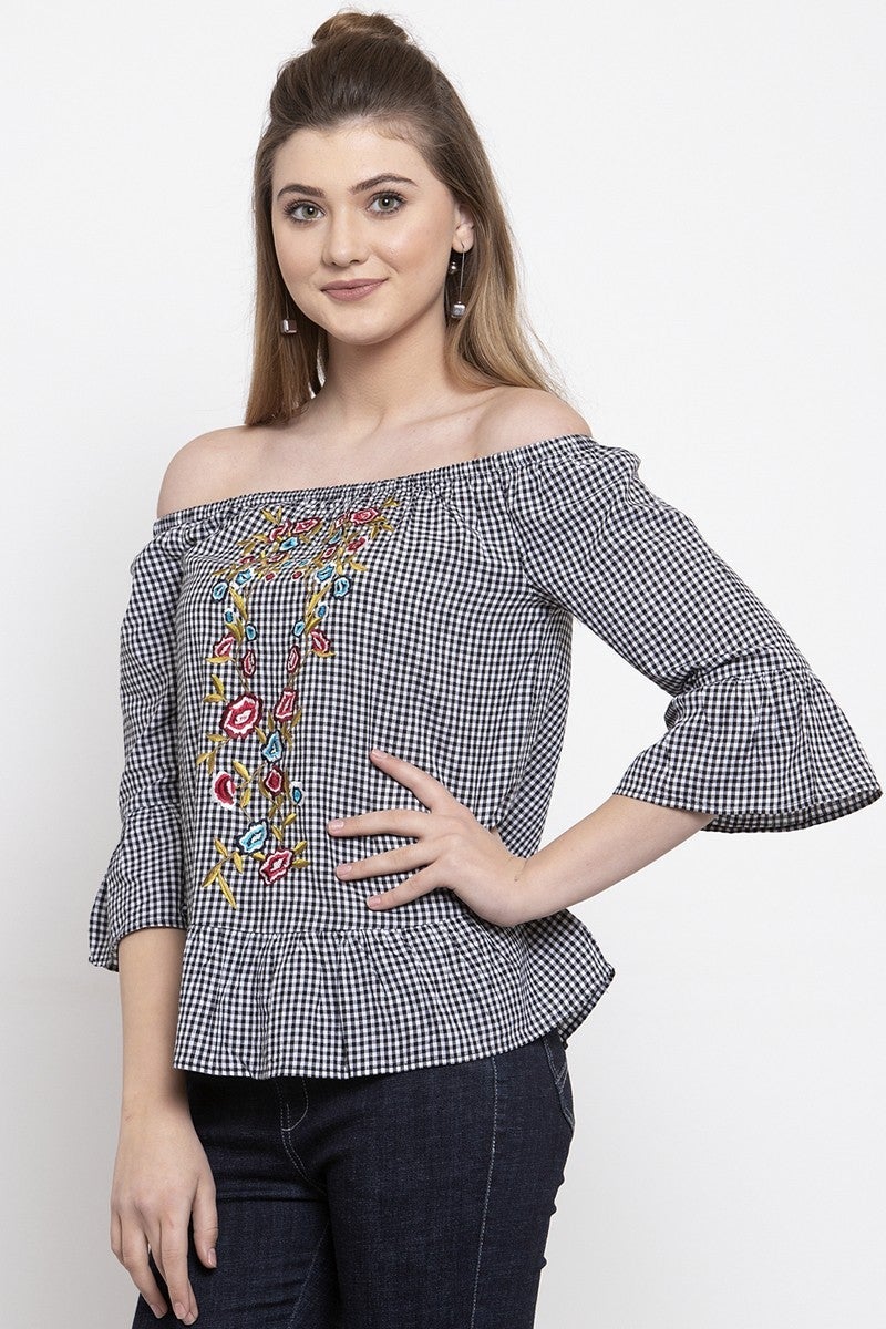 Gipsy Women Casual Off Shoulder Half Sleeves Black-White Blouse