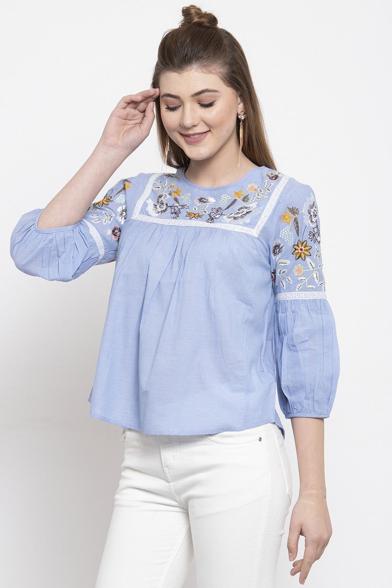 Gipsy Women Round Neck 3 By 4 Sleeves Blue Top