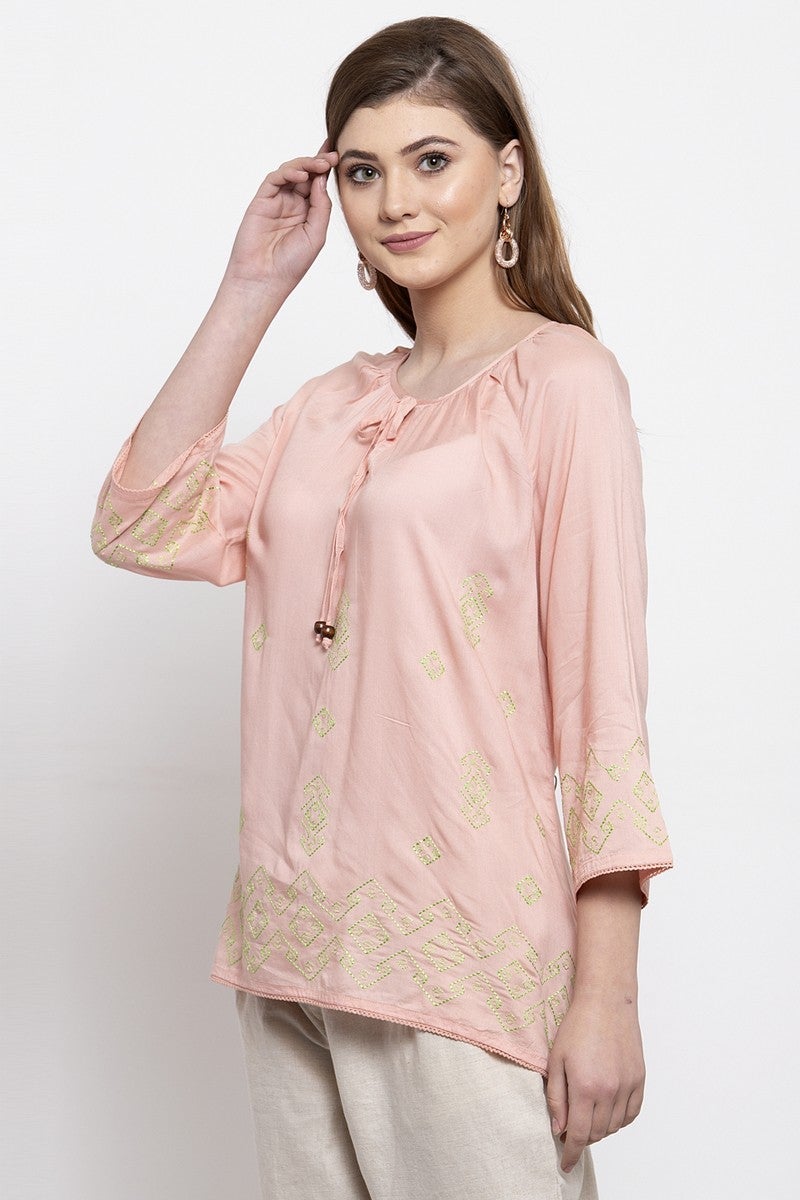Gipsy Women Boat Neck 3 By 4 Sleeves Pink Top