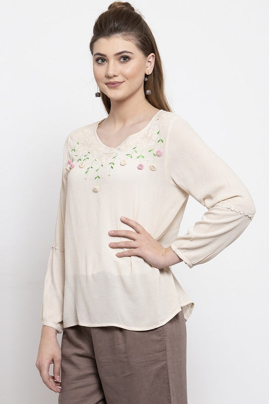 Gipsy Women Boat Neck Full Sleeve Cream Top