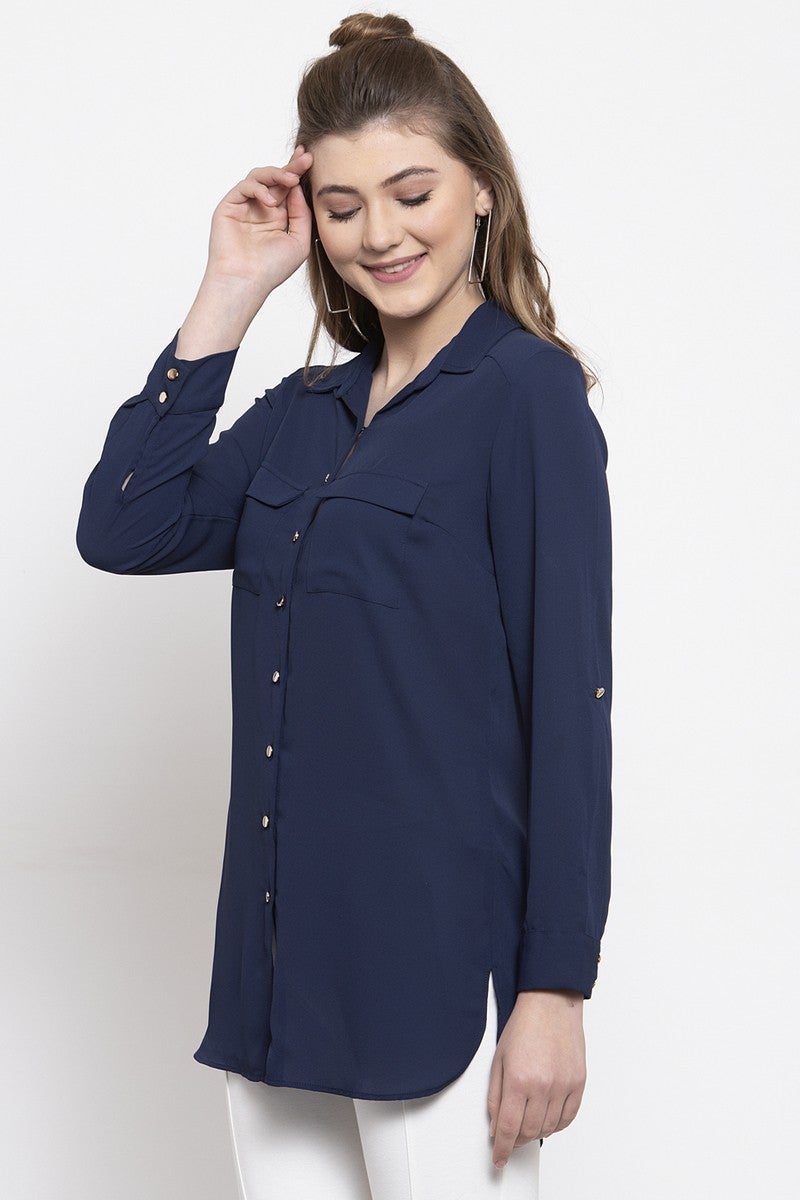 Gipsy Women Roll Up Sleeve Button Closure Full Sleeve Navy Tunic