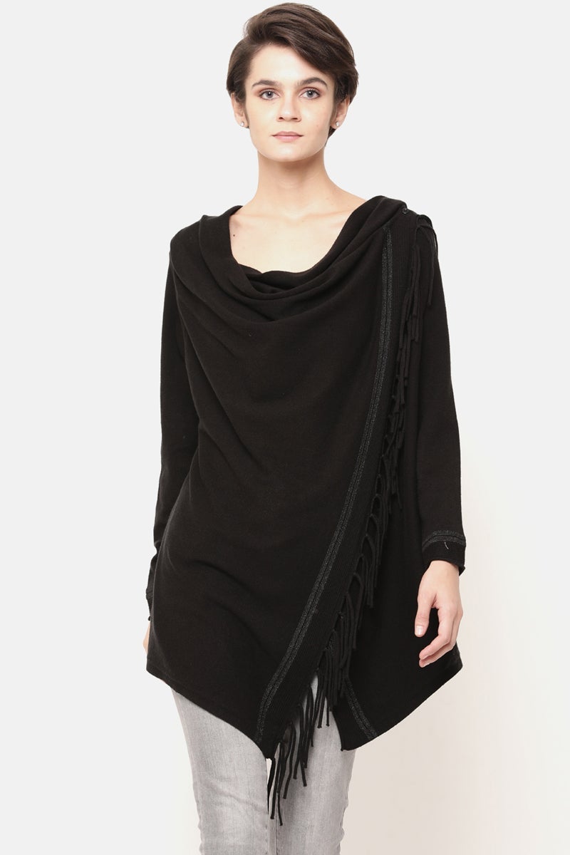 Gipsy Women Solid Full Sleeve Black Cape