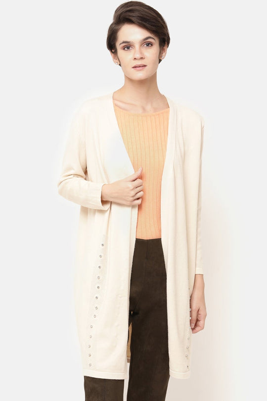 Gipsy Beige Solid Acrylic Long Cardigan/Sweater