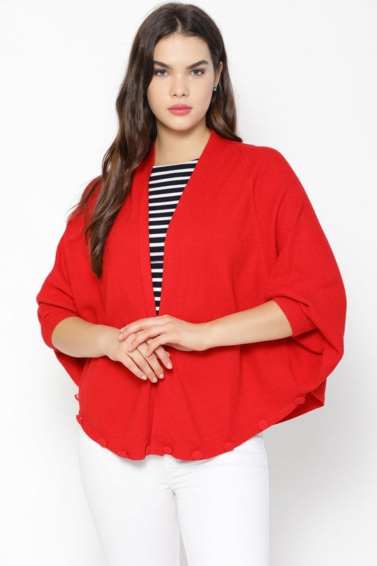 Gipsy Women 3 Quarter Sleeve Red Knitted Cape