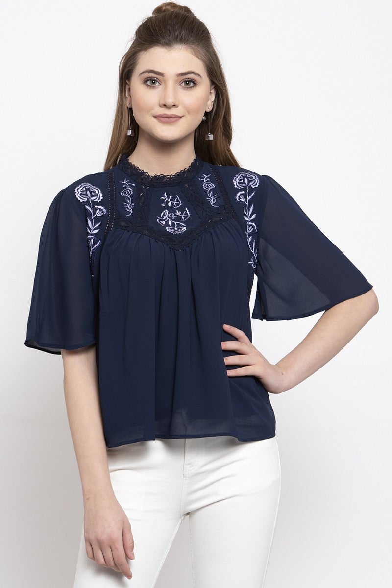 Gipsy Women Casual Half Bell Sleeves Navy Blouse