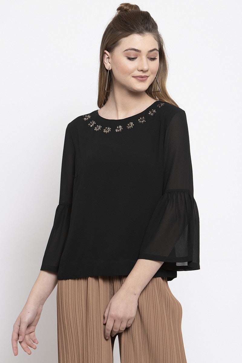 Gipsy Women Casual Half Bell Sleeves Black Blouse