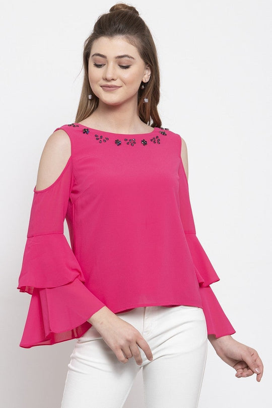 Gipsy Women Casual Off Shoulder Bell Sleeves Fuschia Blouse