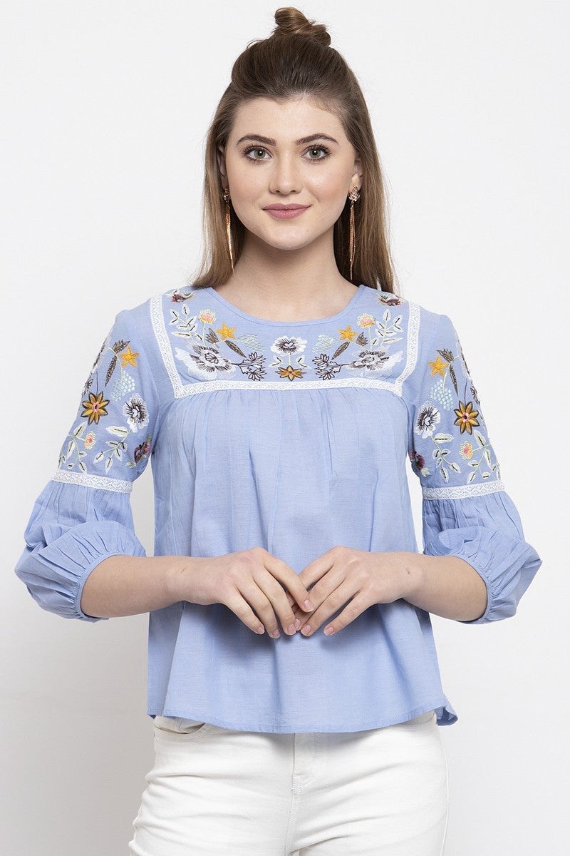 Gipsy Women Round Neck 3 By 4 Sleeves Blue Top