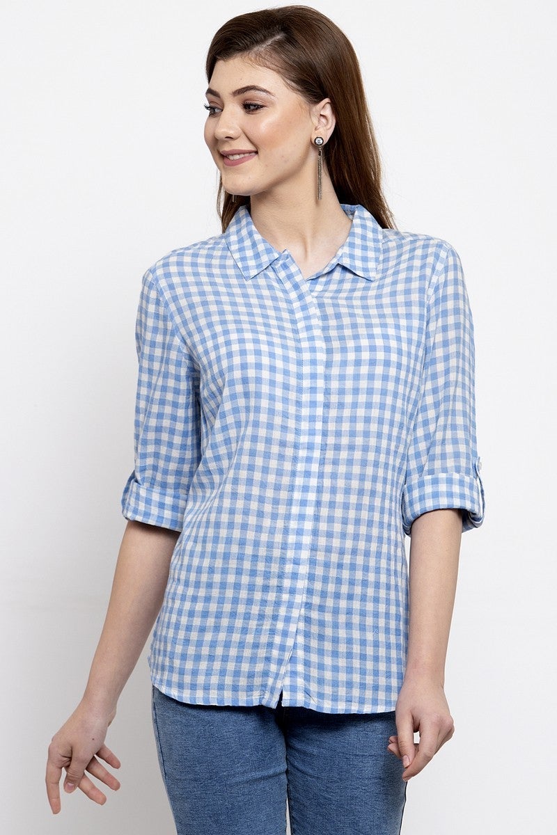 Gipsy Women Button Closure Roll Up Sleeves Blue Shirt