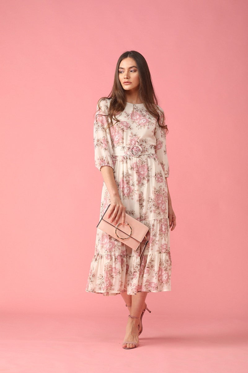 Pink Midi Length Round Neck Synthetics Dress