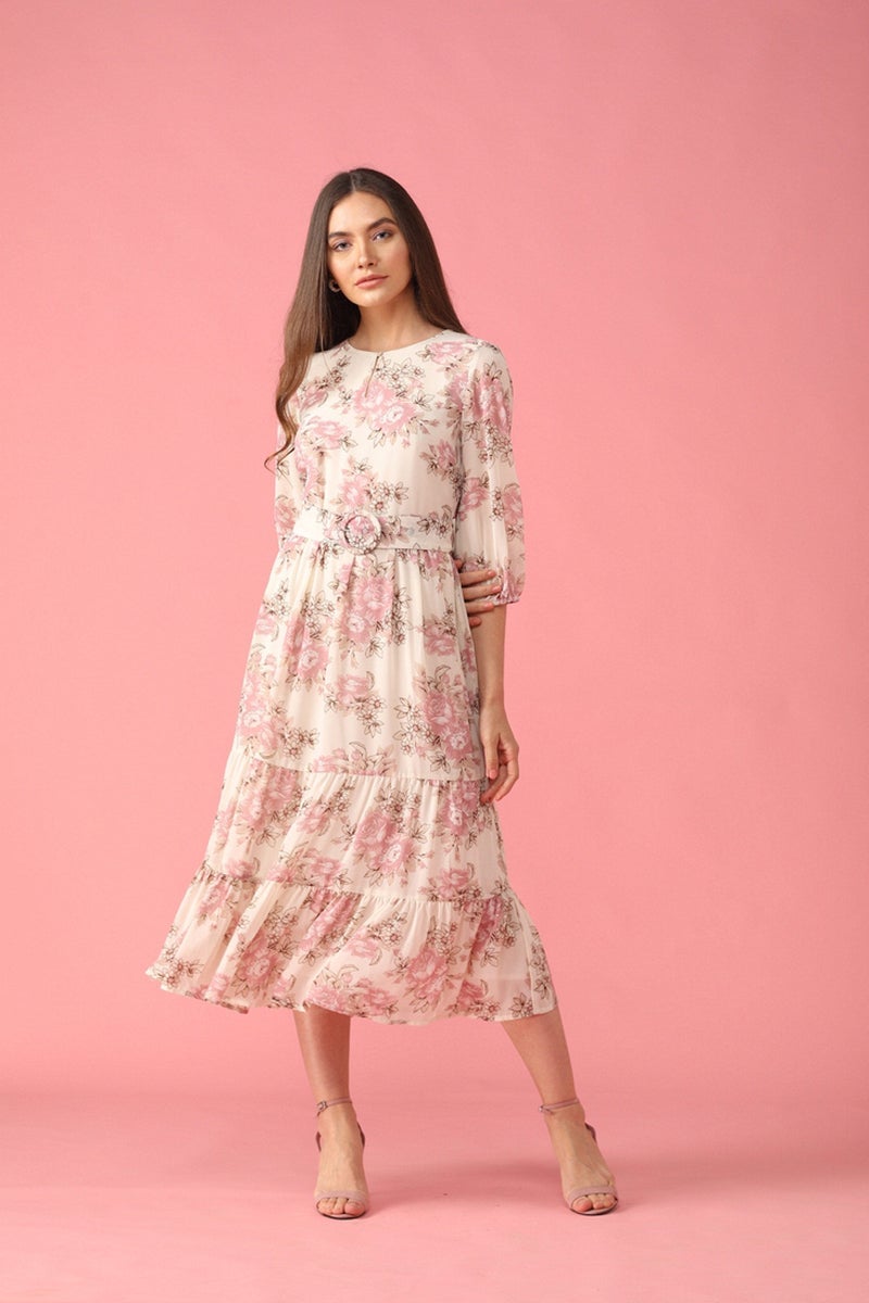 Pink Midi Length Round Neck Synthetics Dress