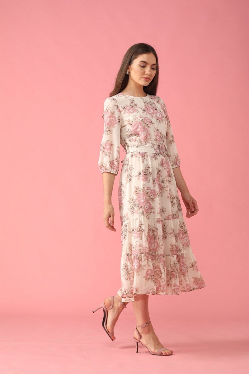 Pink Midi Length Round Neck Synthetics Dress