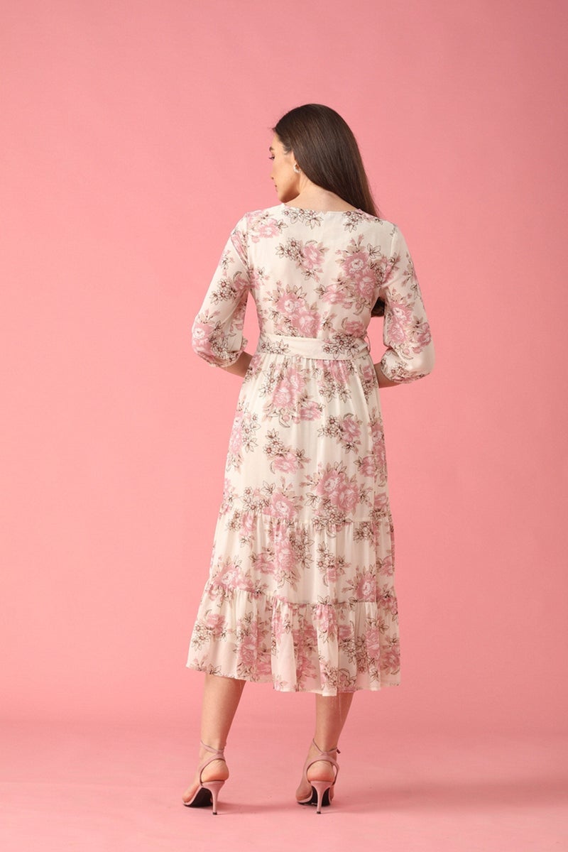 Pink Midi Length Round Neck Synthetics Dress