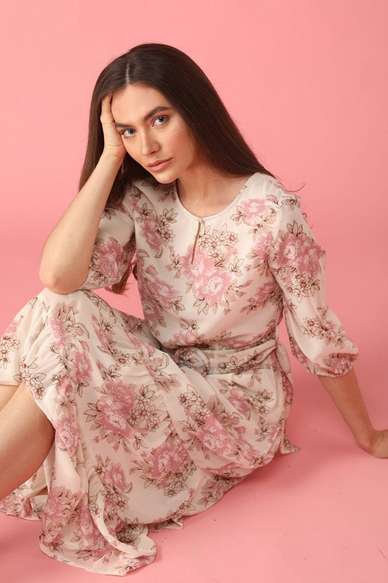 Pink Midi Length Round Neck Synthetics Dress
