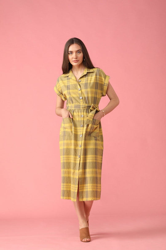 Gipsy Lemen Yellow Checked Polyester Dress