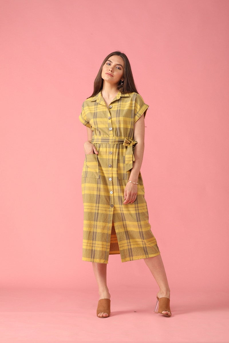 Gipsy Lemen Yellow Checked Polyester Dress