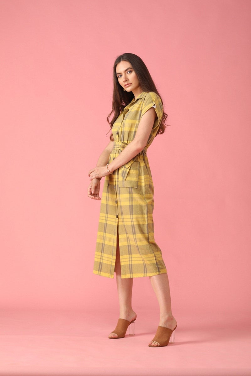 Gipsy Lemen Yellow Checked Polyester Dress