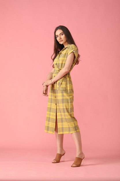 Gipsy Lemen Yellow Checked Polyester Dress