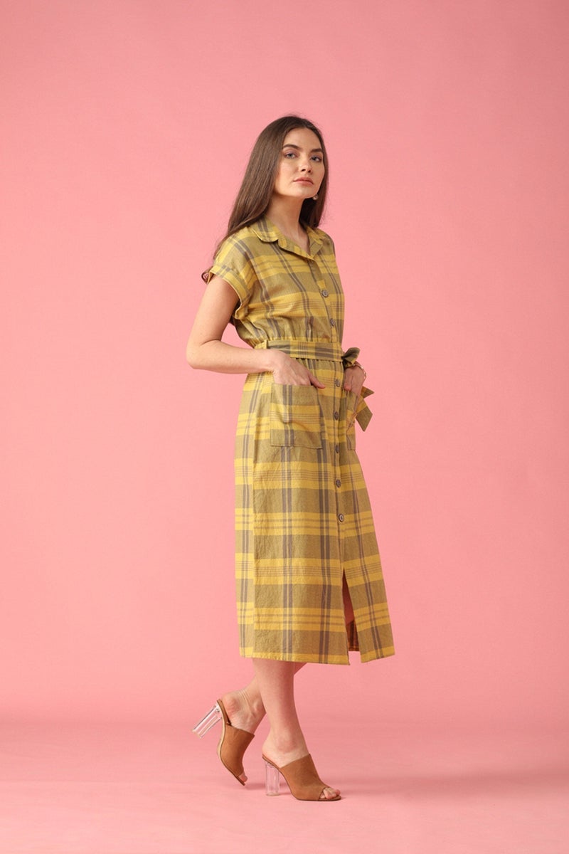 Gipsy Lemen Yellow Checked Polyester Dress