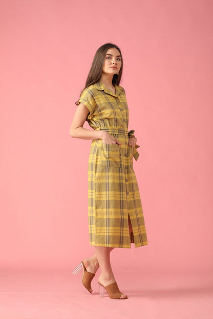 Gipsy Lemen Yellow Checked Polyester Dress