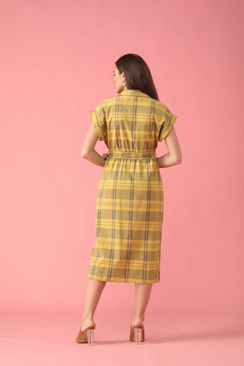 Gipsy Lemen Yellow Checked Polyester Dress