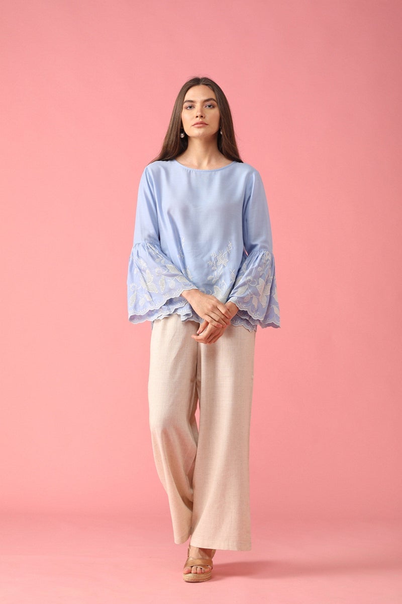 Gipsy Women Light Blue Boat Neck Full Bell Sleeves Top