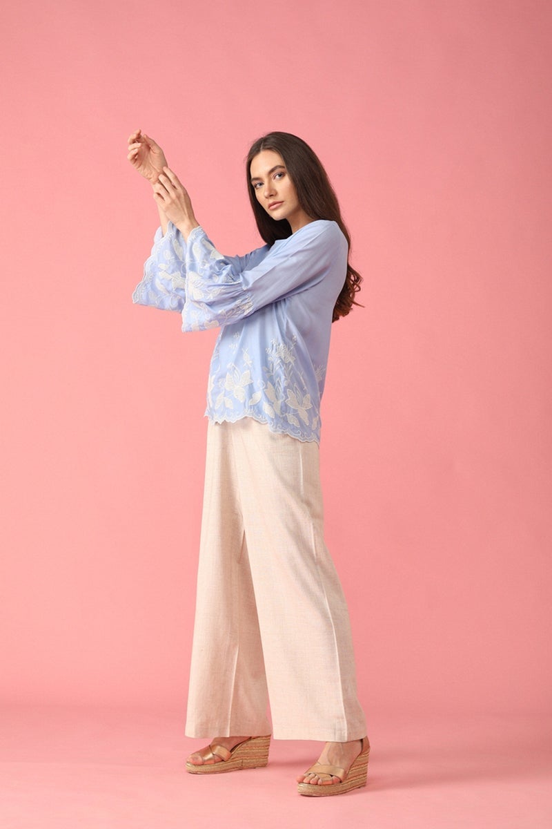 Gipsy Women Light Blue Boat Neck Full Bell Sleeves Top