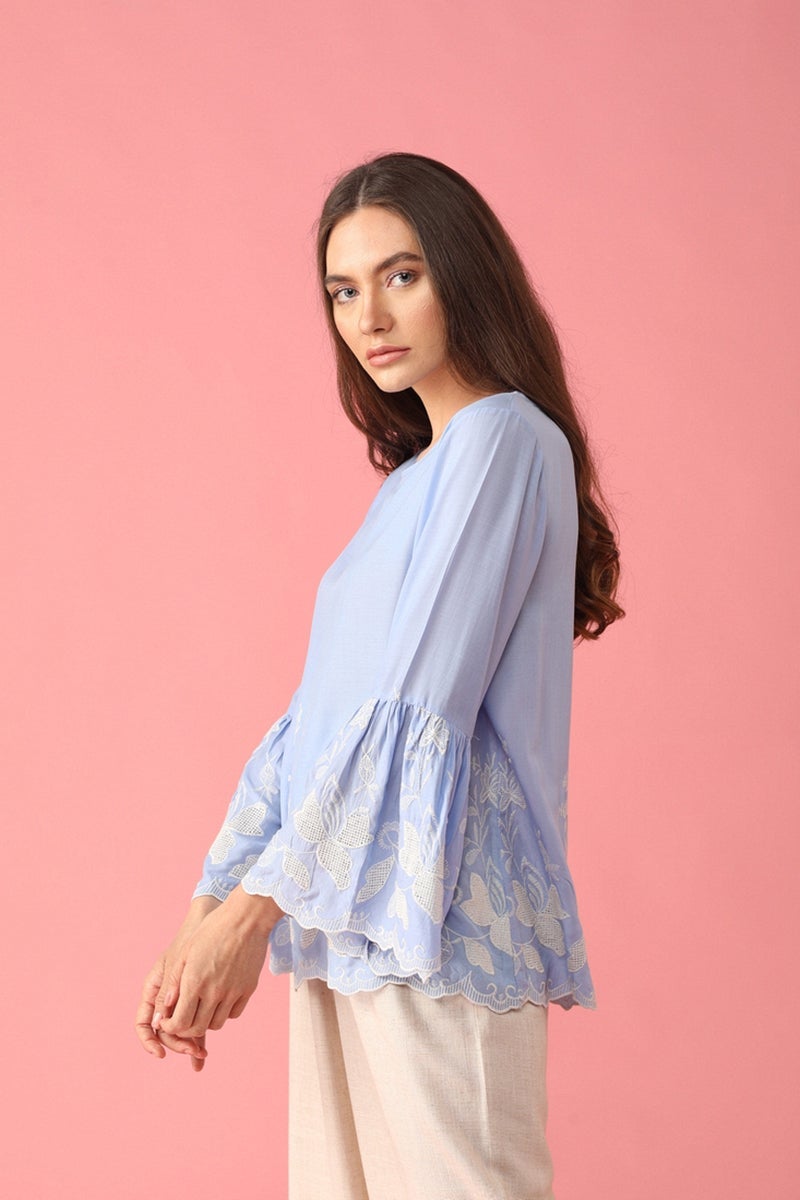 Gipsy Women Light Blue Boat Neck Full Bell Sleeves Top
