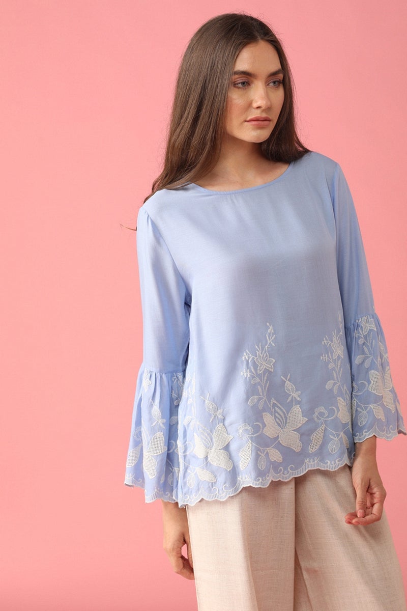 Gipsy Women Light Blue Boat Neck Full Bell Sleeves Top