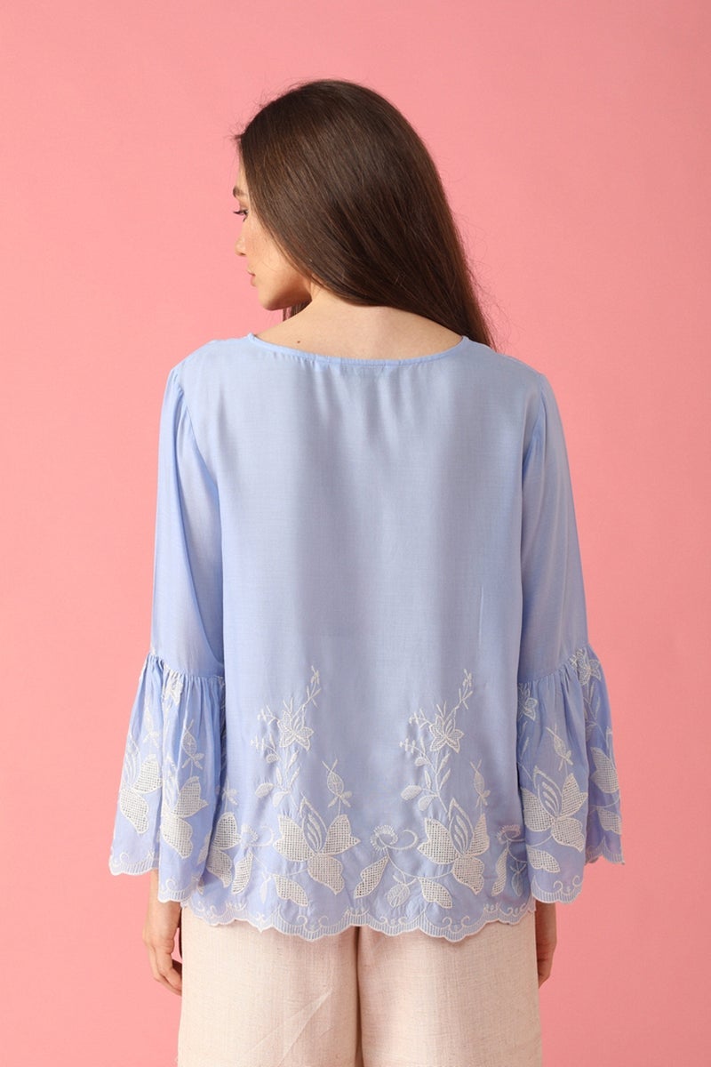 Gipsy Women Light Blue Boat Neck Full Bell Sleeves Top