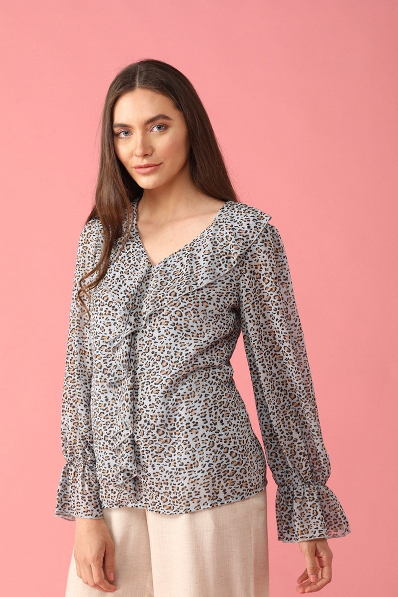 Gipsy Women V-Neck Long Sleeves Self Design Blue Color Tops