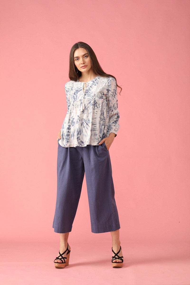 Gipsy Women Cotton Round Neck White Blue Tunic