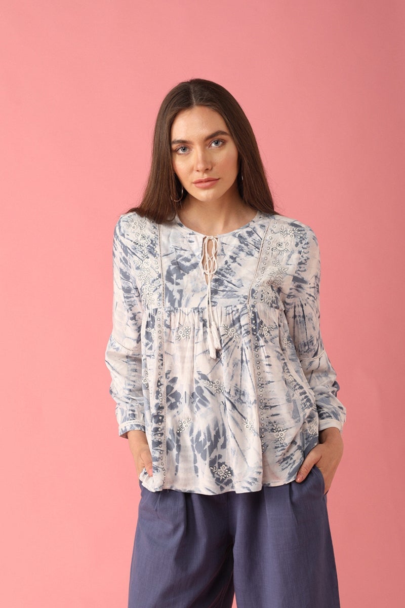 Gipsy Women Cotton Round Neck White Blue Tunic