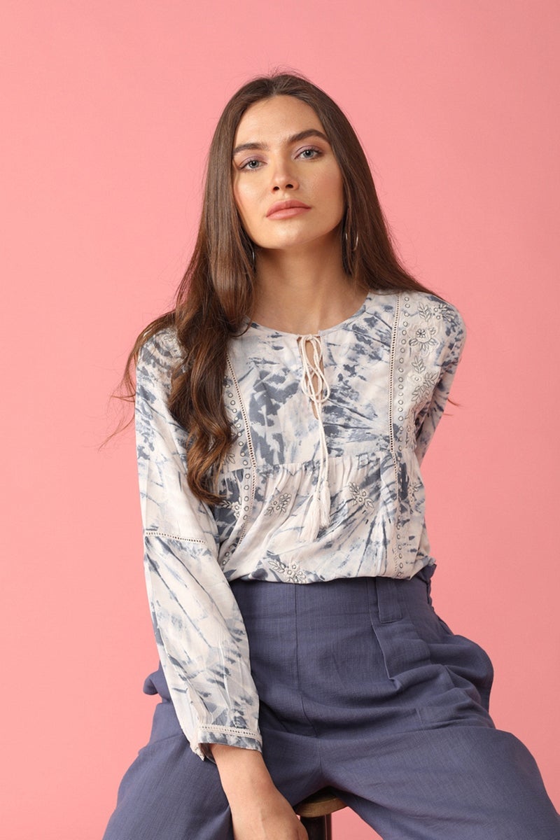 Gipsy Women Cotton Round Neck White Blue Tunic