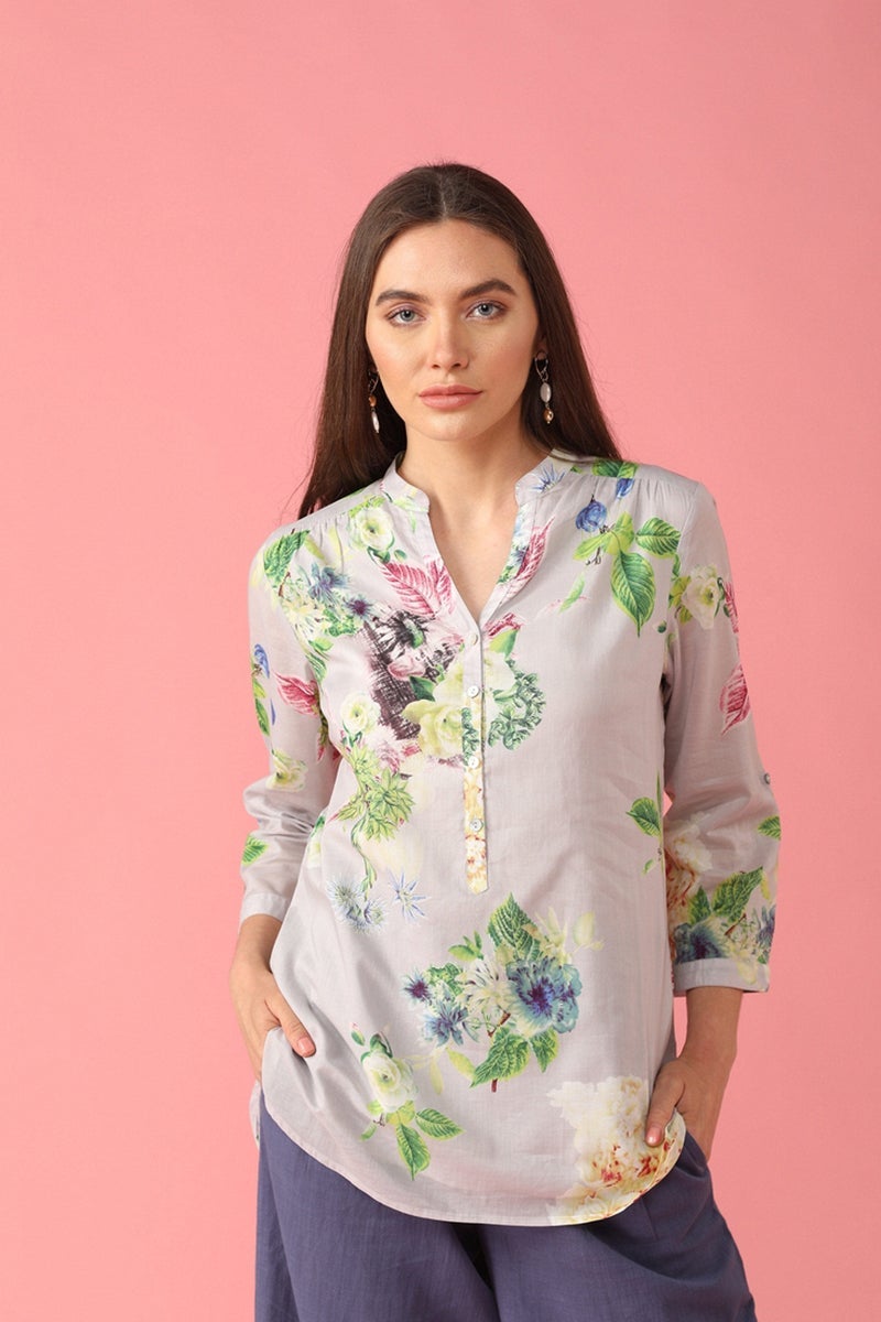 Gipsy Women Polyester V-Neck Grey Tunic
